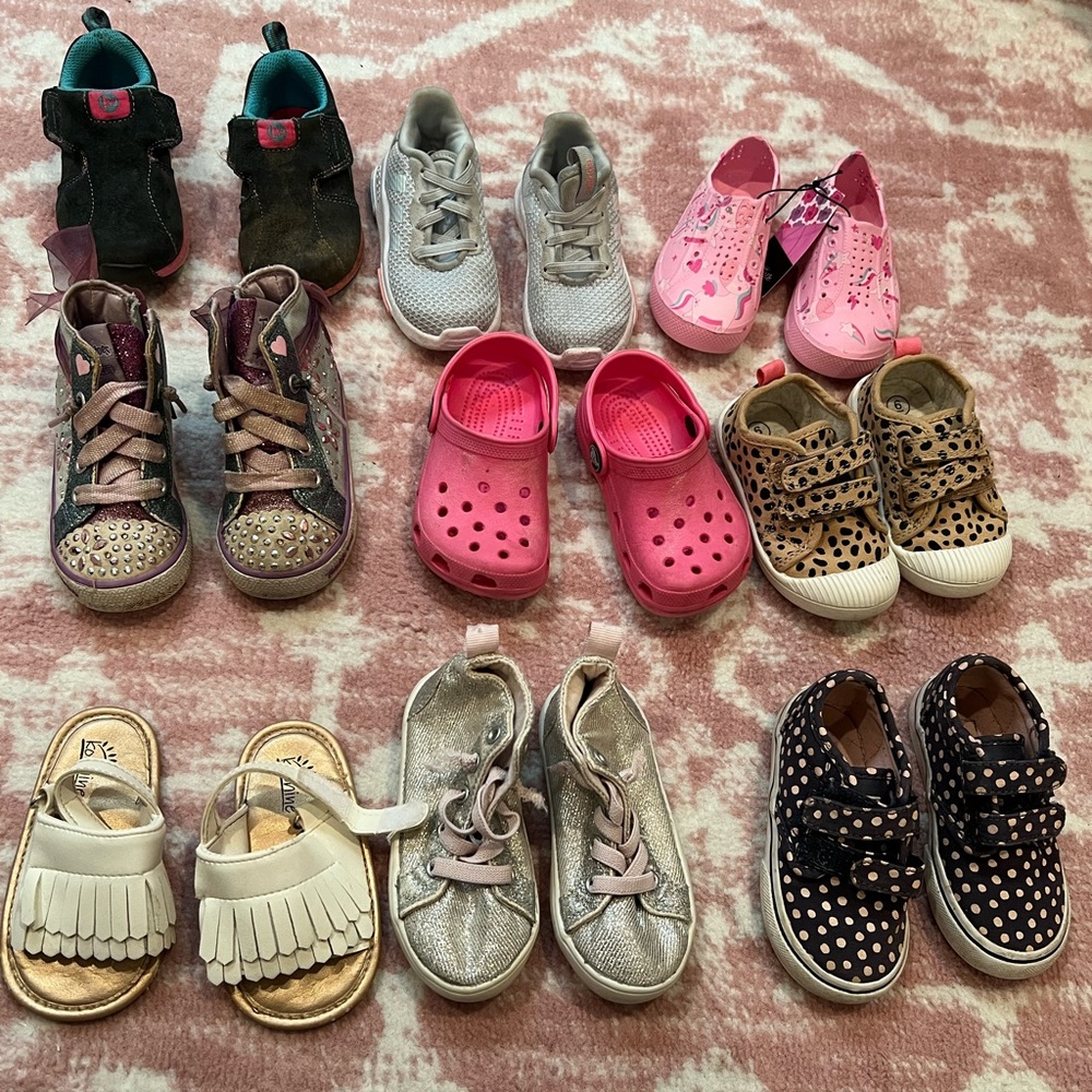 9 pairs toddler shoes - size 6! Crocs, sketchers, merrell, vans, adidas & more!